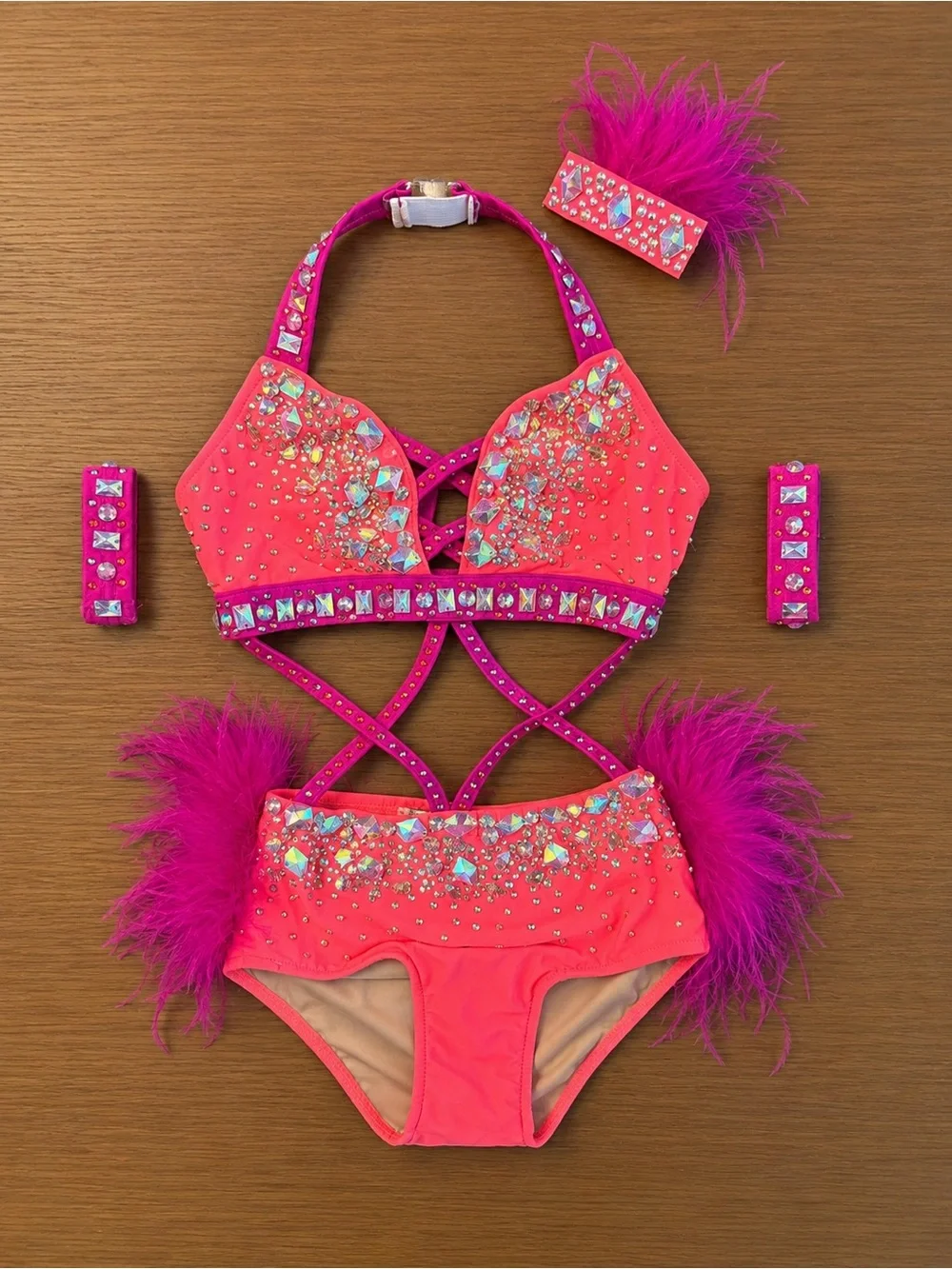 Pink Gem Embellished Kids Costume Set with Feather Accents